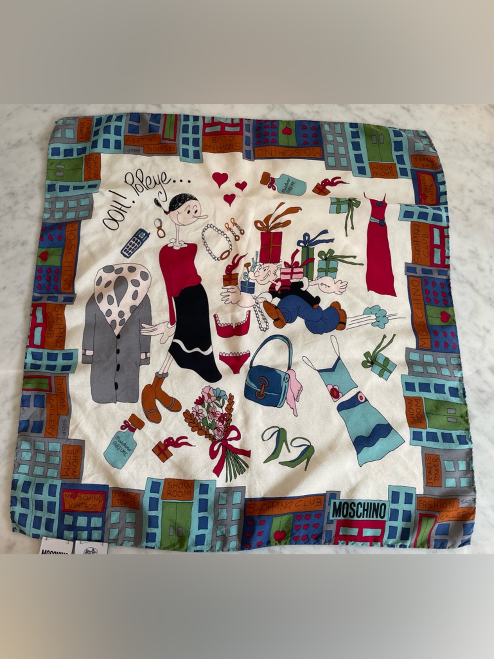Moschino RARE Vintage Olive Oyl
Wardobe Popeye Silk Scarf 18" Square